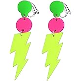 ORLUK 80s Neon Clip on Earrings for Women Colorful Lightning Acrylic Drop Earrings Retro Geometric Thunder Flash Lightning Drop Earrings for 80's Outfit Glow Party Accessories