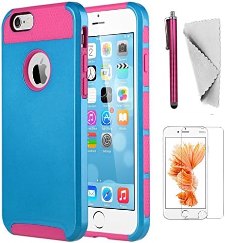 iPhone 6 Plus/6s Plus case KXLY 2 in 1 Hybrid Heavy Duty Shockproof Protective Cover Hard PC Rugged Soft TPU Bumper Dual Layer+Screen Protector+Stylus[Dark Blue-Hot Pink]
