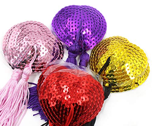 4 Pairs Reusable Adhesive Nipple Cover,Shiny Sequin Silicone Heart-Shaped Breast Pads Pasties Bra with Tassel