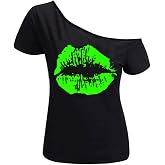 MAGICMK Women&rsquo;s Short Lips Print Causal Off The Shoulder Plus Size T-Shirt Tops