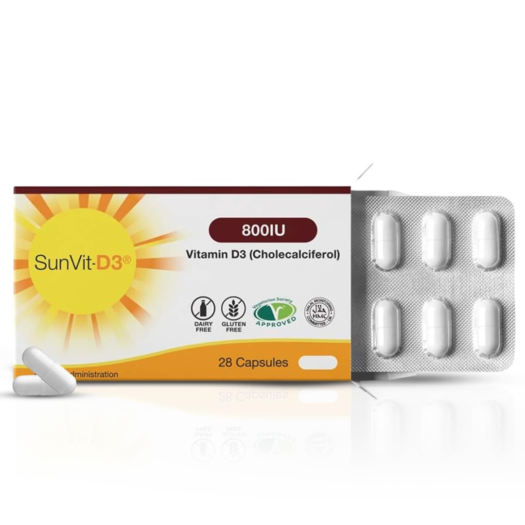 SunVit-D3 Vitamin D 800IU Capsules - Vitamin D3 Cholecalciferol Capsules Support the Maintenance of Bone, Teeth, Muscle & Immune System | Made in UK & GMP Approved - D3 Vitamins 28 Convenient Capsules