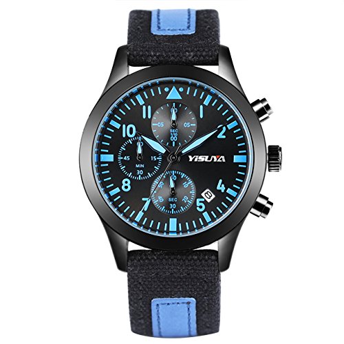 YISUYA Men's Sport Military Watch 6 Hand Chronograph Calendar Waterproof Japanese Movement Canvas&Leather Band Wrist Watch Blue