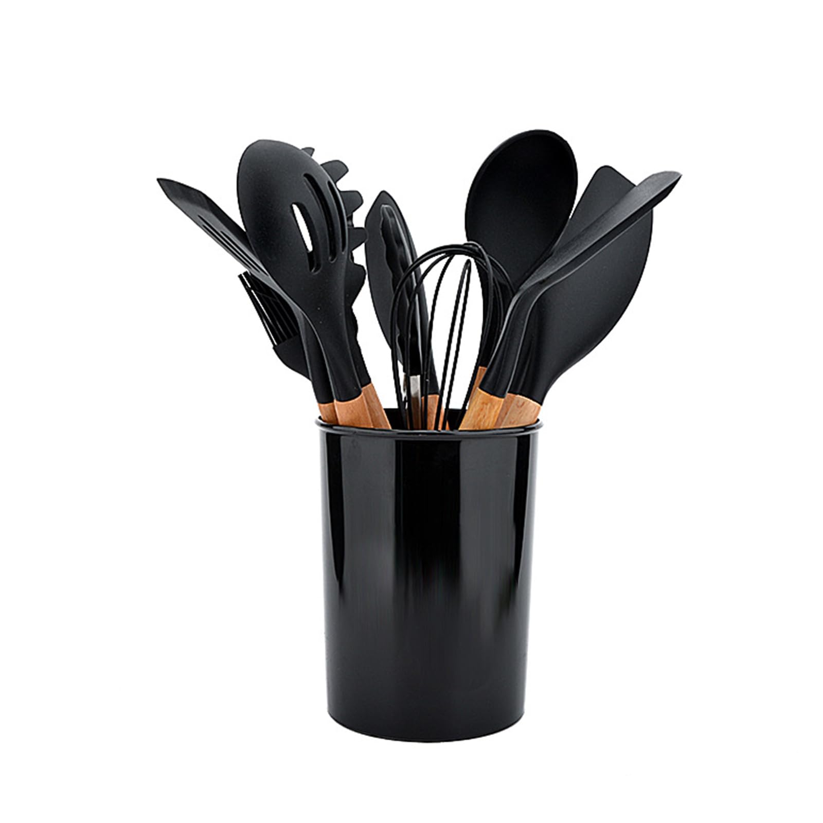 Wooden Handle Silicone Kitchen Utensils Set 12PCS Baking Tools Non-Stick Pan with Storage Bucket Kitchen Utensils Set Black