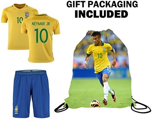 Fan Kitbag Neymar Jr #10 Brazil Youth Home/Away Soccer Jersey & Shorts Kids Premium Gift Kitbag ✮ BONUS Neymar Jr #10 Drawstring Backpack