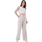 Diaves Womens Cotton Linen Palazzo Pants Drawstring Elastic Waist Casual Wide Leg Trousers with Pockets