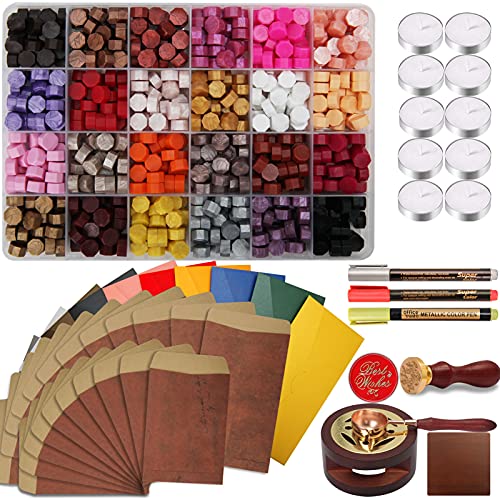 767Pcs Wax Seal Kit, WEWINK PLUS Sealing Wax Beads Set with Stamp,Wax Stamp Warmer, Melting Spoon, Candles and Metallic Pens for Vintage Envelopes Letters Crafts and Decoration, 24 Colors