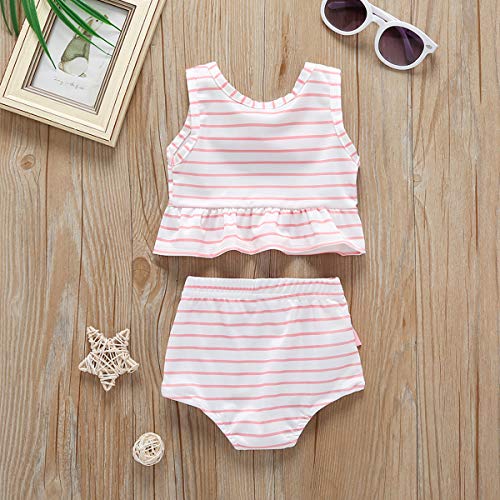 Baby Girl Bikini Striped Beach Swimsuit Ruffles Bathing Suit Adjustable Swimwear 2 Pcs Set (9-12 Months, Pink) - Thumbnail 3