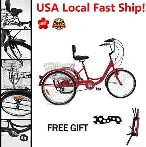XIDAJE Adult Tricycle Three (3) Wheeled 24" Shimano 7 Speed Tricycle Trike Bicycle Bike Cruise Basket Maintenance Tool
