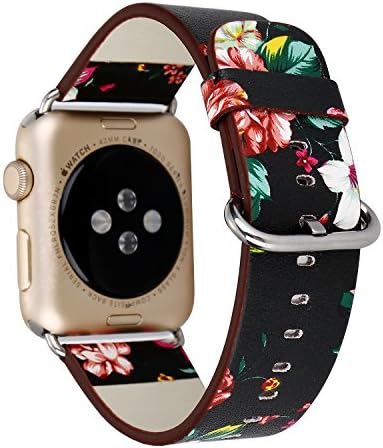 Apple Watch Band Floral Printed iwatch Strap, Soft PU Leather Replacement Wristband Bracelet 38mm 42mm for Apple Watch Series 1, Series 2, Series 3 (Black+Red)
