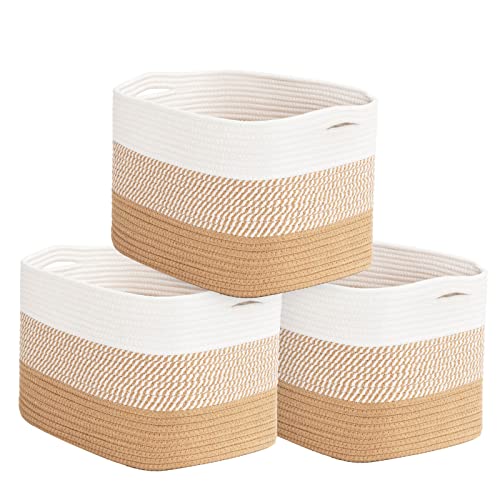 Goodpick Woven Storage Basket Set of 3, Small Soft Baby Nursery Basket for Books, Toys, Towels, Magazines, Decorative Storage Baskets for Bedroom, Closet, Living Room, 15 x 10 x 9 inches