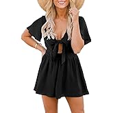 Aoysky Womens Summer Short Rompers Sexy Cute Loose Tie Front Jumpsuit Casual V Neck Wide Leg Beach Overalls
