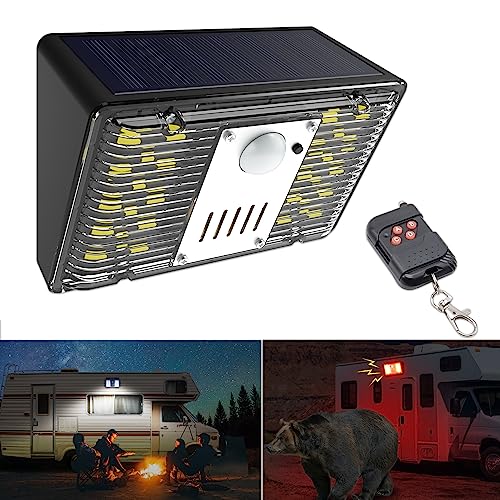 LAFEINA Solar Motion Sensor Sound & Light Alarm, 129dB Siren Alert & Red Strobe Light Alarm & White Security Lights for RV Trip Garage Garden Villa (1)