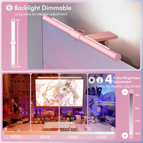 Quntis Computer Monitor Light Bar Curved with Remote & Backlight for Eye Caring, 40cm Pink Screen Light Bar Stepless Dimming Hue Adjustment, No Glare Monitor Lamp as Gift for Girls Game Work Desk Lamp