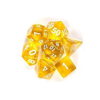 Leoie 7Pcs/Set Translucent Polyhedral Dice Set for Dungeons Dragons Pathfinder D&D RPG (D4 D6 D8 D10 D12 D20 D%) Yellow