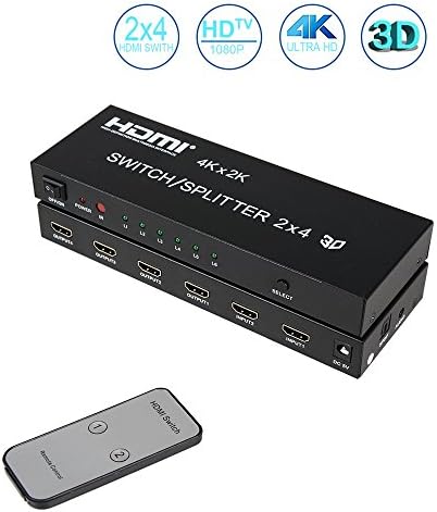 HDMI Switcher Splitter Amplifier 2x4(2 In 4 Out), with SPDIF Audio 3.5mm, Support HD 4K, 3D, 1080P