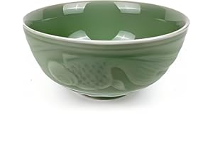 Celadon Ceramic Dinnerware Set, Green, Embossed Koi Fish Design, Bowls, Plates, Spoon, Chinese Style (4.5 inch bowl)