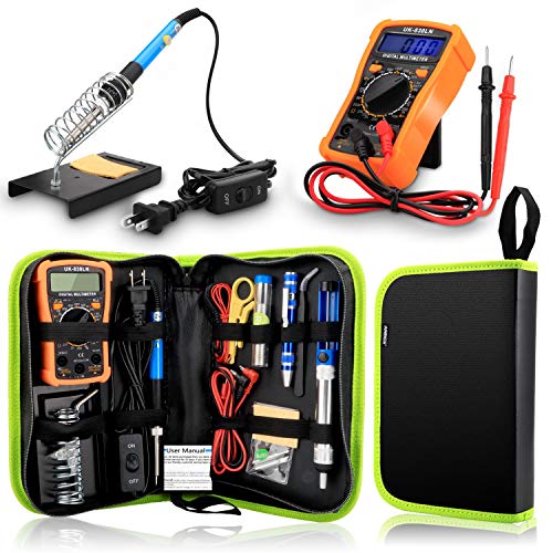 Anbes Soldering Iron Kit 60W Adjustable Temperature Welding Tool, Digital Multimeter, 2pcs Soldering Iron Tips, Desoldering Pump, Wire Stripper Cutter, Tweezers, Iron Stand, 2pcs Electronic Wire