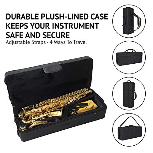 LyxJam Alto Saxophone - E Flat Brass Sax Beginners Kit, Mouthpiece, Neck Strap, Cleaning Cloth Rod, Gloves, Cork Grease, Hard Carrying Case w/ Removable Straps, Maintenance Guide - 10 BONUS Reeds (C