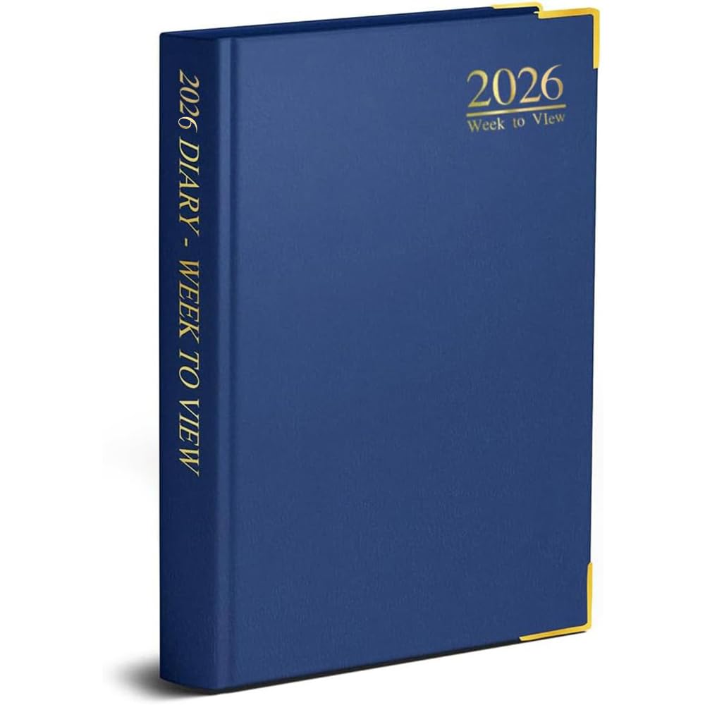 2026 A4 Blue Diary Week to View Desk Diary A4 Weekly Planner Hard Backed with Metal Edges for Home and Office Use - 60 gsm paper