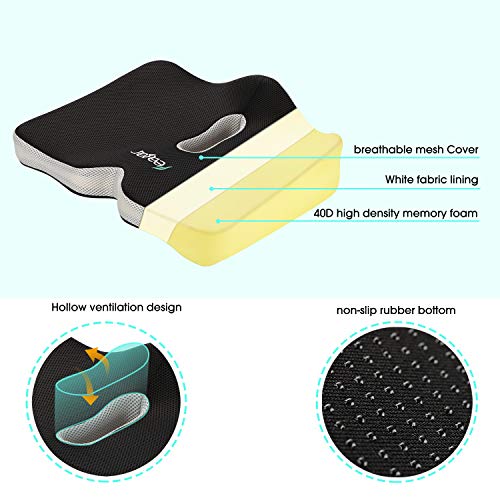 Seat Cushion, Feagar Office Chair Car Seat Cushion Extra Large Memory Foam with Carry Bag and Anti-Slip Bottom Helps for Back Hip Coccyx/Tailbone Sciatica Pain Relief