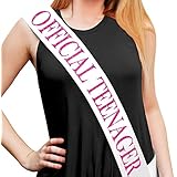 Sterling James Co. â€œOfficial Teenagerâ€ White and Pink Glitter Satin Sash â€“ 13th Birthday Party Supplies, Ideas, Gifts and Decorations