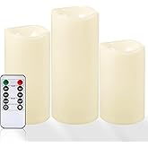NURADA Large Waterproof Flameless Candles 6" 8" 10" x 4" - Outdoor Indoor LED Pillar Flickering Candle Battery Operated with Timer Remote for Patio Porch Lanterns - Ivory White Set of 3