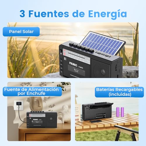 PRUNUS J-360 Bluetooth Cassette Player, Am/FM Solar and Rechargeable Radio Cassette Player with Headphone Jack, TF/USB Player.