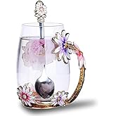 Luka Tech Enamel flower Lead-free Glass Coffee Mugs Tea Cup with Steel Spoon, Best Birthday Gifts For Women Wife Mom Friends Mothers Valentines Day Christmas (Purple-Tall)