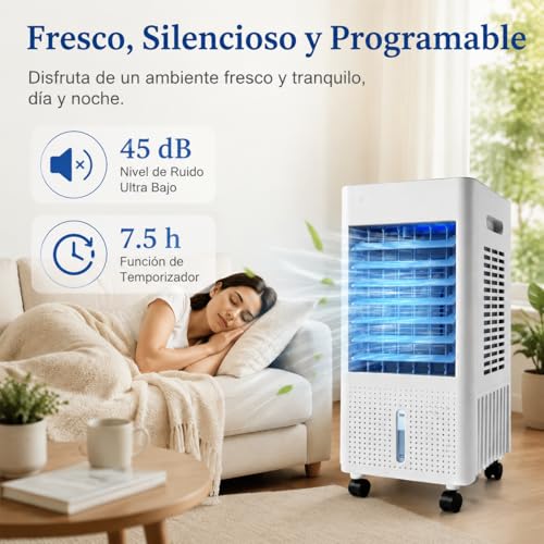 NOMEY 4 En 1 Enfriador de Aire Portatil, 13L Tanque Aire Acondicionado Portatil, 4 Modos 3 Velocidades, Apagado Automático, Temporizador de 7.5h, 20H de Enfriamiento, Ideal Para Dormitorios, Oficinas