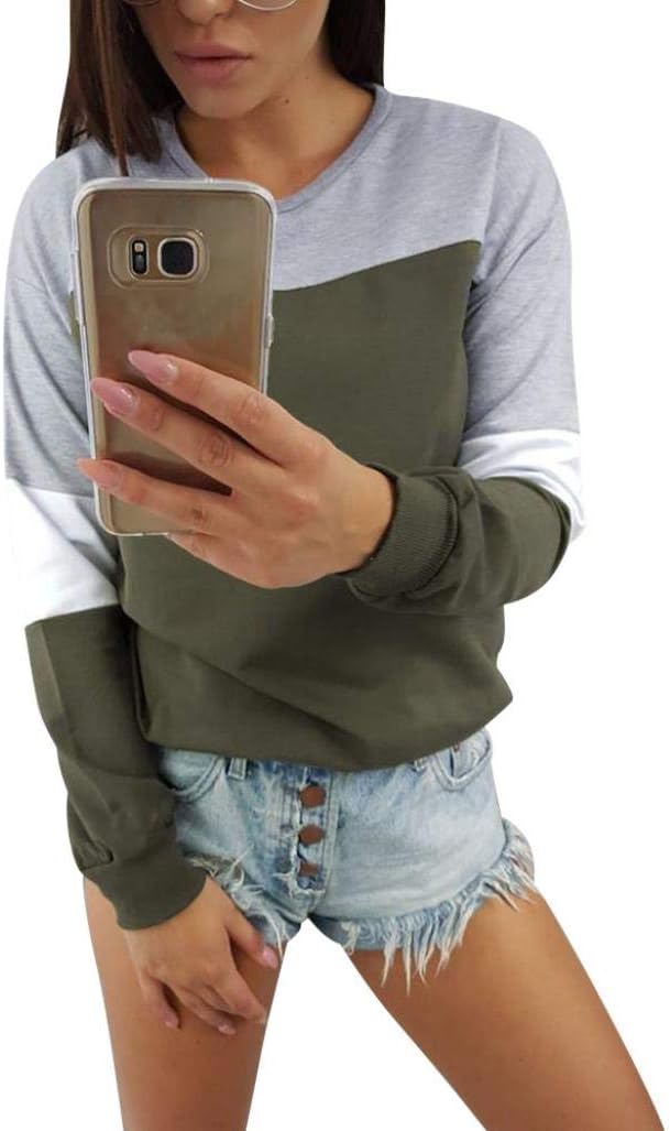 FANOUD Women Splcing Color Tops Long Sleeve Pullover Tops Blouse