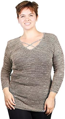 Knit Minded Plus Size Womens Ladies Marled Space Dye Lace Up Junior X Front Sweater Dress Brown Size 3X