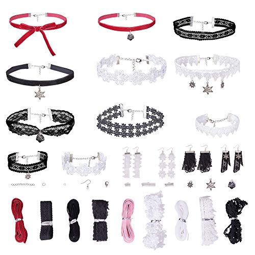SUNNYCLUE 1 Set Lace Choker Necklaces Set Making Kit with Extender Chains for Women Girls, DIY Make 8pcs Choker Necklace & 6pcs Bracelet & 4 Pairs Earrings