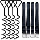 Eurmax Trampoline Stakes Heavy Duty Trampoline Parts Corkscrew Shape Steel Stakes Anchor Kit for Trampolines -Set of 4 Black Bonus 4 Strong Belt