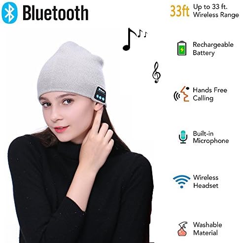 Cupidove Bluetooth Beanie Smart Winter Knit Hat V4.2 Wireless Musical Headphones Earphones 2 Speakers Beanies Hats Gifts for Men Women Teen Young Boys Girls (Light Gray)