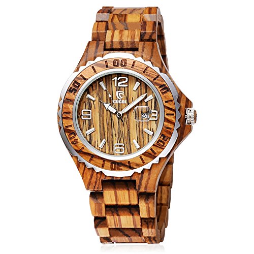 CUCOL Men's Zebra Wood Watch Analog Quartz Date Display Geometrical Link Wooden Wristwatch with Gift Box