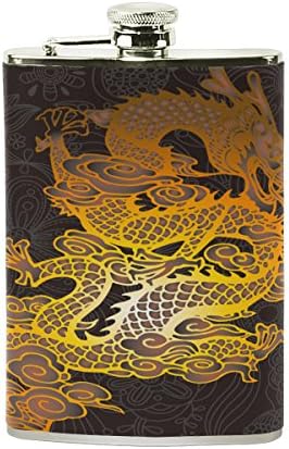 Chinese Dragon Portable Leather Stainless Steel Hip Flask Alcohol Whiskey Liquor Wine Pot Flagon Pocket Bottle - 8 oz