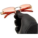 Men Women Rimless Gold Frame Hot Pink Rectangle Unisex Vintage Woodgrain Shades 90s Old School Cool Hip Hop Frameless Retro Trendy Sunglasses