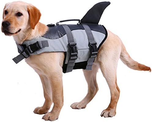 MORYSONG Ripstop Dog Life Jacket, Shark Life Vest for Dogs, Size Adjustable Lifesaver Safety Jacket, for Pool, Swimming, Surfing, Boating L Grey