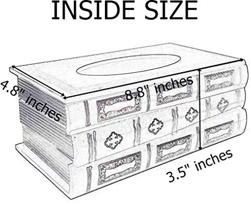 Bellaa 25150 Tissue Box Holder Rectangular Vintage Antique Book Paper Napkin Dispenser Home Office Car Top Lid Wooden Refillable Big Fits All Boxes