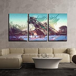 Illustration Spaceship Crashed on Blue Field Illustration Painting x3 Panels