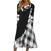 Akivide Plaid Print Dresses for Women Holiday Casual Long Sleeve Patchwork Maxi Dress with Pockets