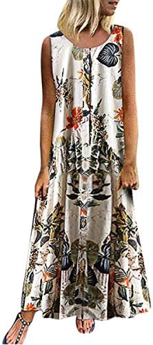 Kelry Womens Casual Loose Sleeveless Sundress O-Neck A-line Beach Summer Swing Tank Tunic Dress Plus Size Vintage Floral Printed Long Maxi Cotton Linen Dresses (S-5XL)