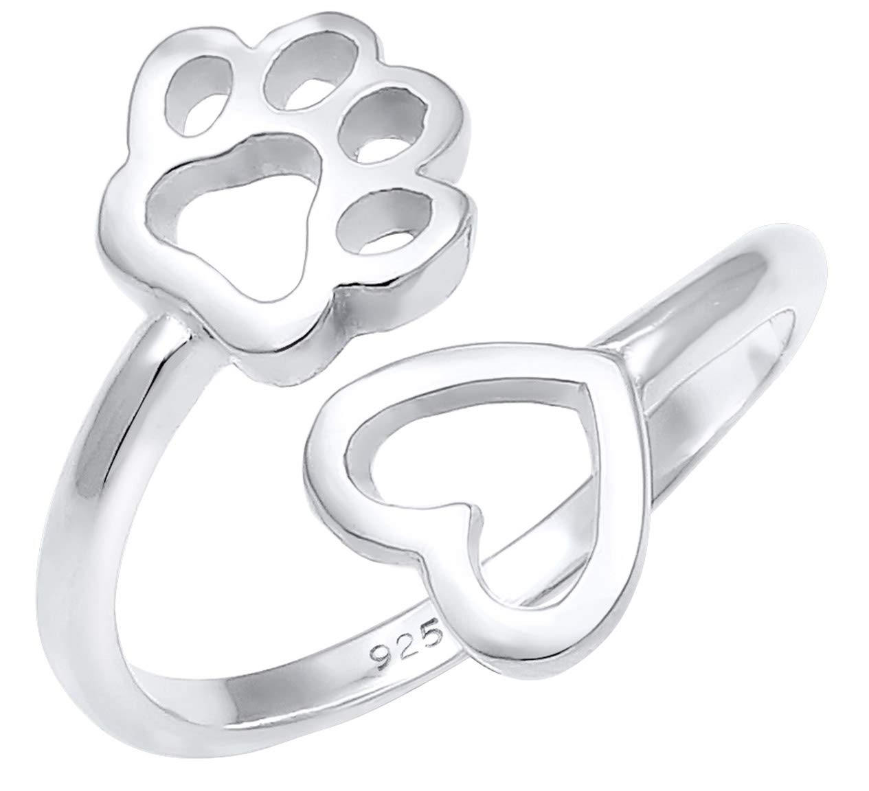 Nenalina 0603591819 Women's Silver Ring Adjustable with Paw and Heart Symbol Open for Women and Girls, 925 Sterling Silver, Colour Silver, Sterling Silver, Crystal