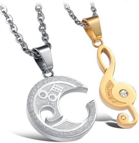 2 Pcs Titannium Steel His and Her Necklace Pendant with Music Note Puzzle Matching,22 inches Silver Chain