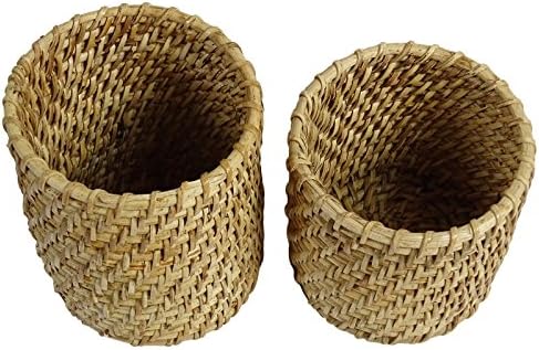Hand Woven Round Decorative Wooden Planter Set Of 2 Pieces