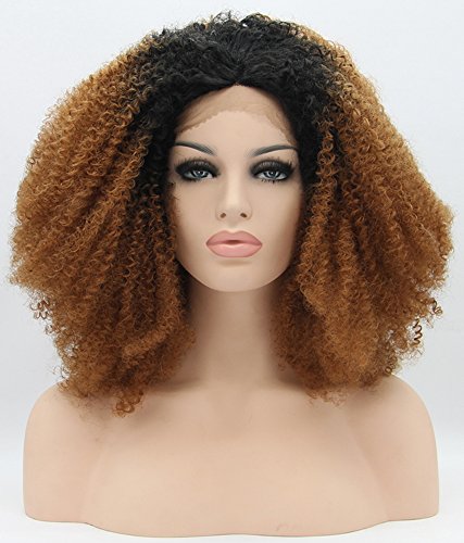 K'ryssma Hallowen Fluffy Kinky Curly Wig Black Roots to Brown Ombre Synthetic Lace Front Wigs Half Hand Tied Heat Resistant Fiber Hair For Christmas & Black Friday 22 Inches