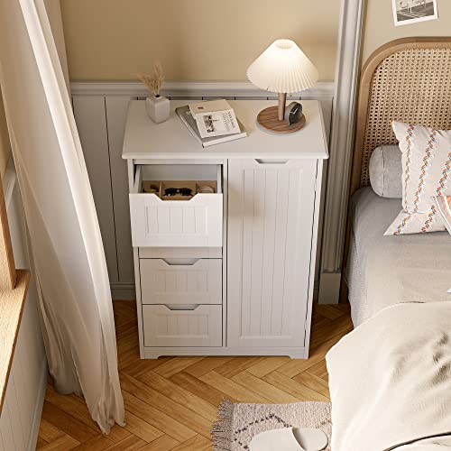 Gizoon Bathroom Floor Storage Cabinet with 4 Drawers, Freestanding Storage Organizer Cabinet with Door and Adjustable Shelves Wooden for Small Places in Kitchen Bathroom Entryway, White