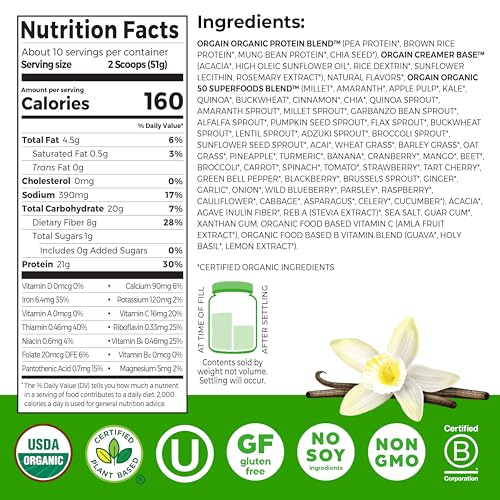 Orgain Organic Vegan Protein + 50 Superfoods Powder, Vanilla Bean - 21g Plant Based Protein, 8g Prebiotic Fiber, No Lactose Ingredients, Gluten Free, No Added Sugar, 1.12 lb (Packaging May Vary)