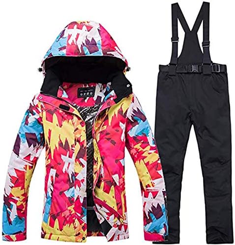 REWANGOING Women's Ski Bib Suit Jacket Waterproof Snowboard Colorful Printed Ski Jacket and Pants Set