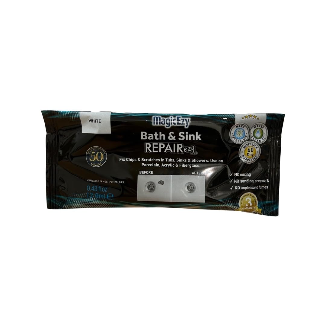 MagicEzy Bath & Sink RepairEzy (White) - Acrylic Bath Repair Kit | Porcelain Ceramic Sink, and Fibreglass Bathtub Repair Kit | Shower Base Refinishing | Chipped Bath Repair